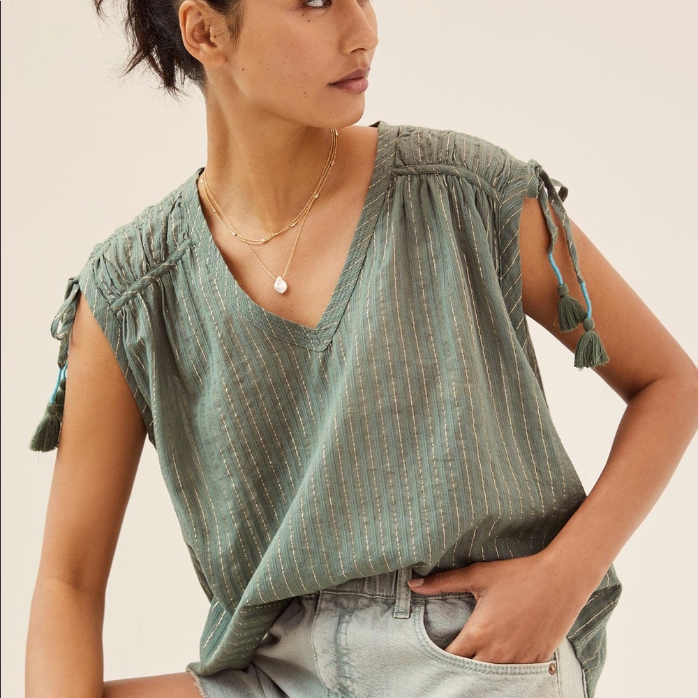 Anthropologie Green Shirred Sleeveless Top